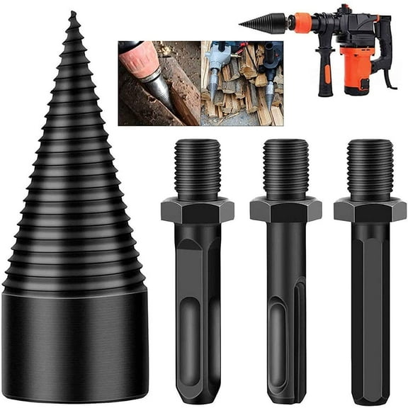 DADHOT Firewood Log Splitter, 4PCS Drill Bit Removable Cones Kindling Wood Splitting logs bits Heavy Duty Electric Drills Screw Cone Driver Hex + Square + Round 42mm/1.65inch