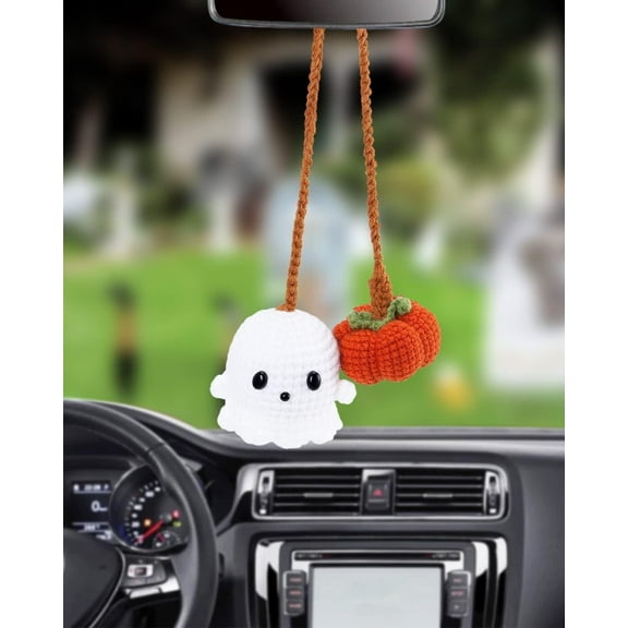 DADHOT Halloween Car Ornament Crochet Pumpkin and Ghost Car Pendant for Car Mirror Upholstery Accessories, Hand Knitted Mirror Charm(1)