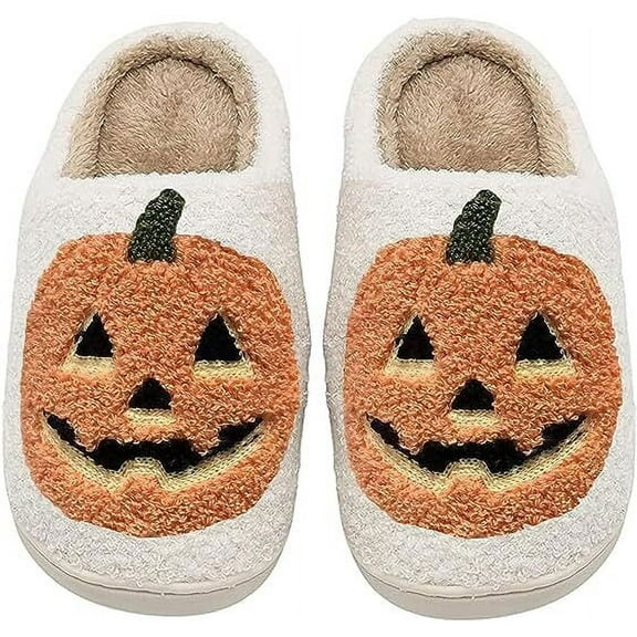 DADHOT Halloween Pumpkin Slippers for Womens Mens Plush Warm Spooky Lantern Pumpkin Slippers House Shoes(6.5-7 Women/5.5-6 Men)