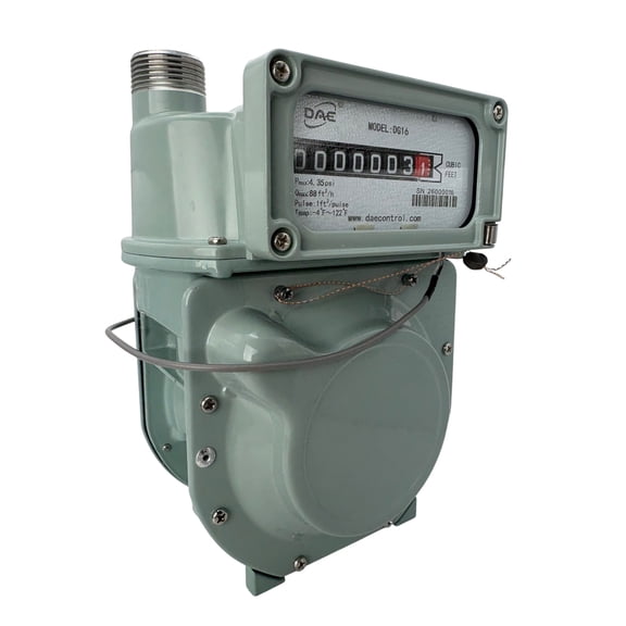 DAE DG16 3/4" Diaphragm Aluminum Gas Meter, Qmax 88 cu ft/h, Pulse Output, Cubic Feet, NPT Couplings