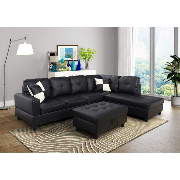 DAE Right Facing Sectional Sofa L-Shape Faux Leather Black