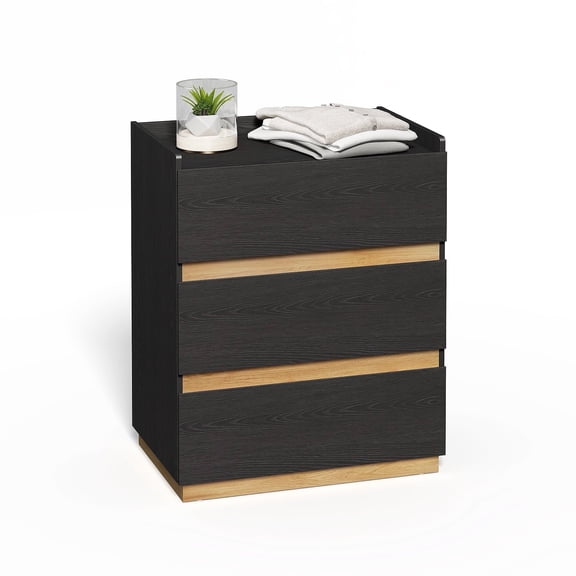 H&3L Large Modern Nightstand Black Bedside Table, 3 Drawer Dresser Wood Stackable Storage Drawers for Clothes for Closet, Bedroom, 24"x16"x29"
