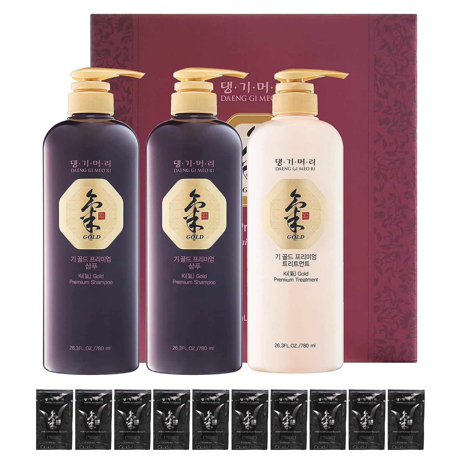 DAENG GI MEO RI - Ki Gold Premium 2 Shampoo 780ml + 1 Treatment 780ml + 10 Traveling Pouch Samples 10ml Set, Samples may vary.
