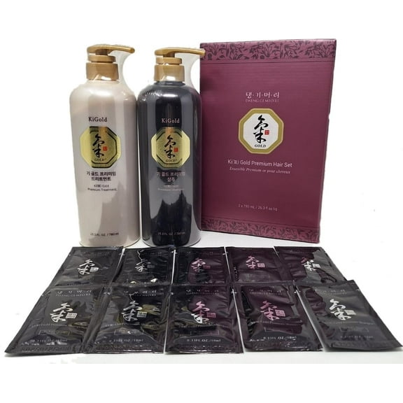 DAENG GI MEO RI - Ki Gold Premium Shampoo 780ml, Treatment 780ml and Traveling Pouch Sample 10ml(10pcs) Set, Samples may vary.