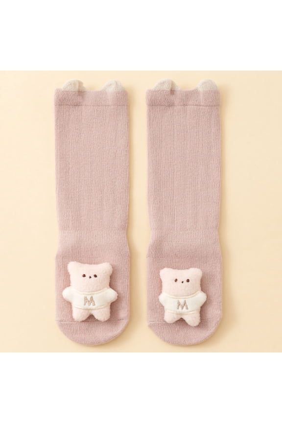100% Cotton Kids Girl Socks Knee High with 3D Bear Applique Plush Socks for Newborn Kids Kids Pink Unisex,Size M
