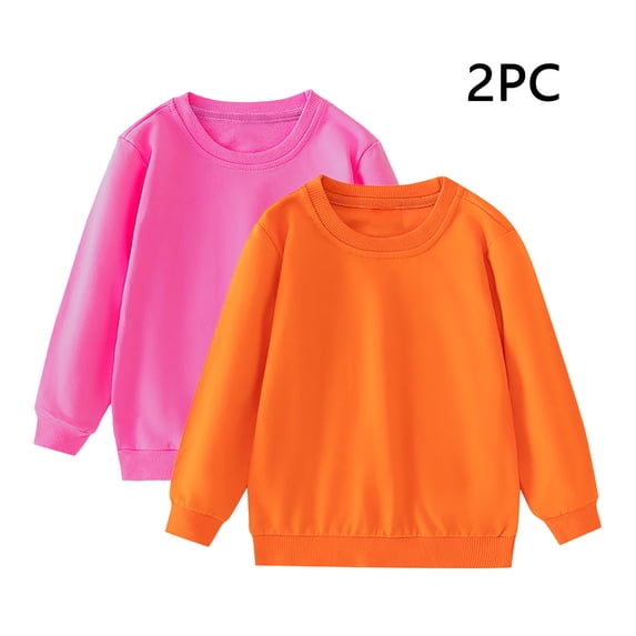DAETIROS 2-Pack 100% Cotton Sweatshirt Set for Girls Crew Neck Soft Warm Long Sleeve Shirts, Ribbed Cuffs - Value Pack for Everyday Wear & Layering Orange Little Girls