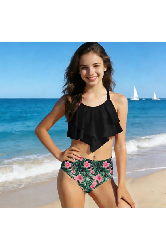 Black Girls 2 Piece Swim Set Long Sleeve Rash Guard & Skirt Bottom UPF 50+ Soft Moda Jersey,Size 13-14T