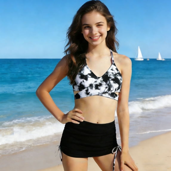 DAETIROS Black Girls Swimsuits 2 Piece Set Kids Girls Soft Cotton Lined & Breathable Modal Blend Ruffle Trim Tankini with Skirted Bottom UPF 50+ Sun Protection, Size 3-4 T