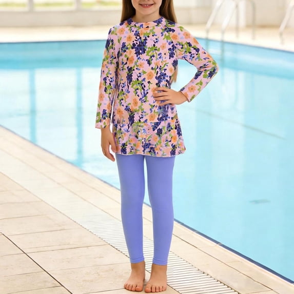 DAETIROS Blue Girls Long Sleeve Rash Guard Swimsuit Set UPF 50+ Sun Protection 2 Piece Swimwear,Size 14-16