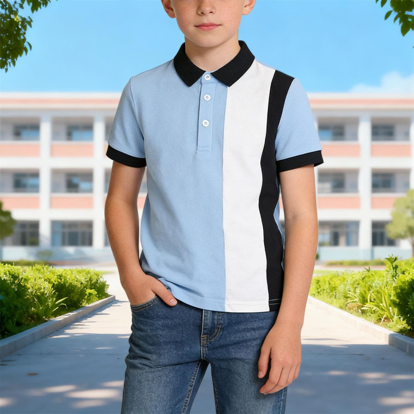 DAETIROS Boys 100% Cotton Color Block Polo Shirt Light Blue Kids Big ...