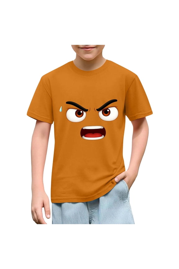 Boys Cotton Graphic Tee Funny Angry Face Cartoon Soft 100% Cotton Short Sleeve Crewneck Regular Fit Kids Orange Ages 4-12,Size 9 T