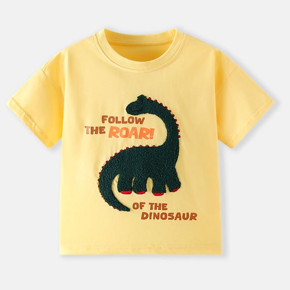 DAETIROS Boys Dinosaur T-Shirt with 3D Chenille Patch Yellow Brachiosaurus Graphic Tee Kids Boy Clothes 2-8 Years,Size 4 T