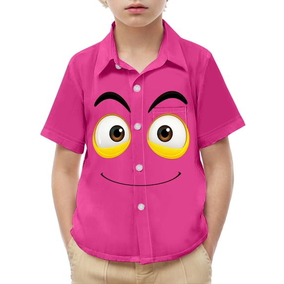DAETIROS Boys Funny Cartoon Face Print Short Sleeve Button Down Shirt Soft Stretchy Casual Daily Party Tops for Kids Hot Pink,Size 5 T