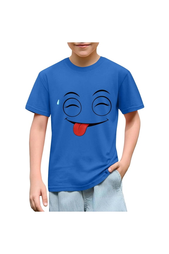 Boys Funny Emoji Face 100% Cotton T-Shirt Soft Short Sleeve Crewneck Top Sizes 4-10 Blue,Size 4 T