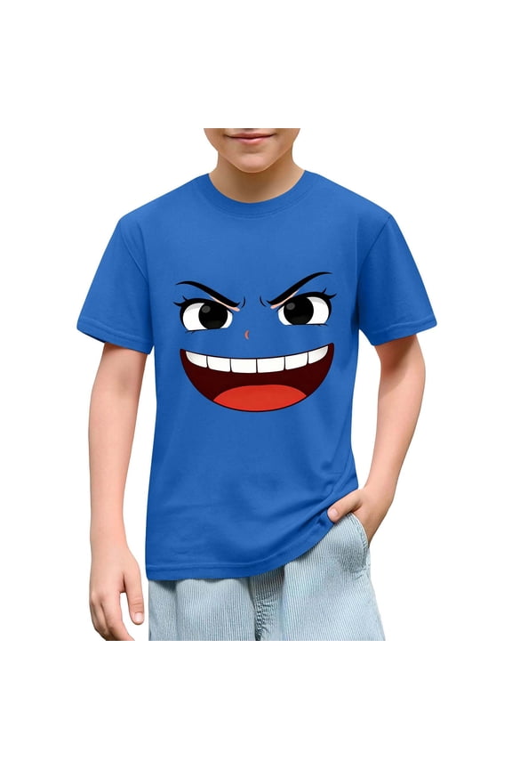 Boys Graphic T-Shirt 100% Cotton Short Sleeve Crew Neck for Little Kids Funny Cartoon Face Blue Shirt Top,Size 5 T