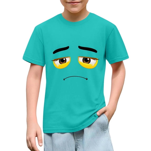 DAETIROS Boys Mint Green T-Shirt Sad Face Emoji Graphic Tee 100% Cotton Short Sleeve Crewneck Soft Kids Casual Top,Size 7 T