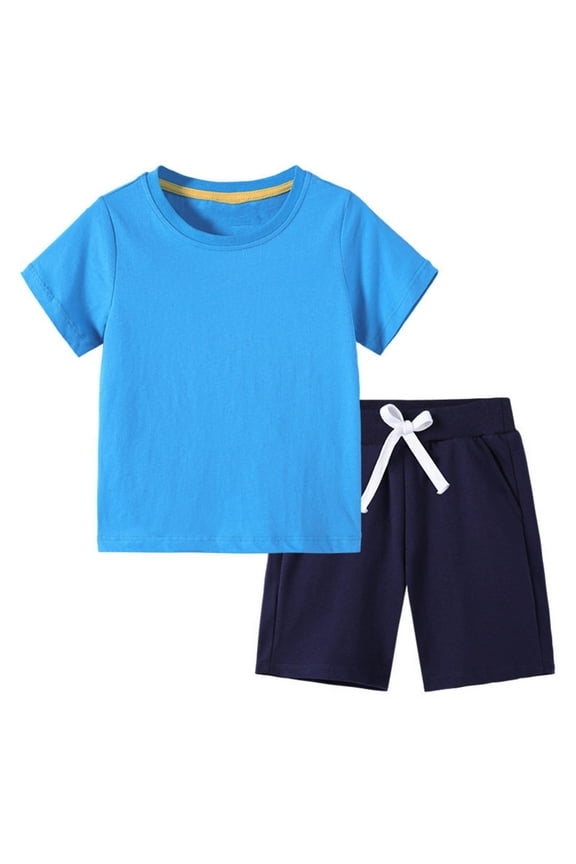 Boys Outfit Sets-Casual Cotton Solid Top and Drawstring Shorts Boys Summer Clothes Set Sky Blue Size 5 Years