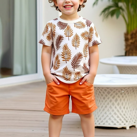 DAETIROS Boys Outfit Sets Casual Fashion Crewneck Floral Top and Shorts Boys Summer Clothes Set Orange Size 3 T
