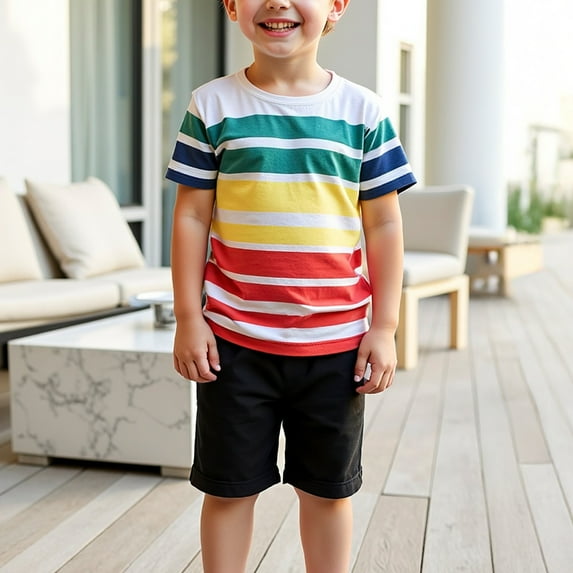 DAETIROS Boys Outfit Sets Casual Fashion Striped Crewneck Top and Shorts Boys Summer Clothes Set White Size 3-7