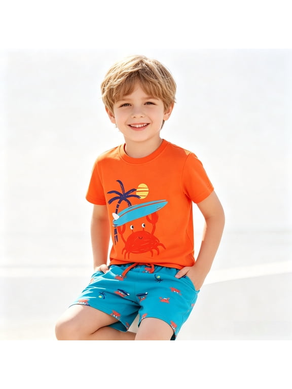 Boys Outfit Sets-Comfy Cotton Fashion Graphic Short Sleeve Top and Shorts Boys Summer Clothes Orange Size 3-4 T