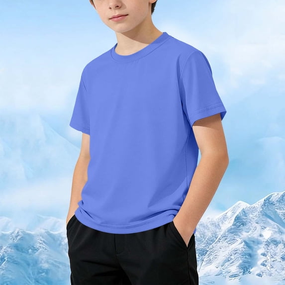 DAETIROS Boys Performance Quick Dry Moisture Wicking Short Sleeve T-Shirts Breathable Athletic Active Tees Crewneck Solid Blue for Sports Everyday Wear,Size 7-8 T