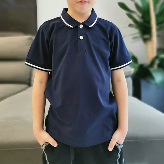 DAETIROS Boys Polo Shirts-School Uniform Shirt Casual Short Sleeve Cotton Boys Summer Clothing on Sale Navy Size 4-12