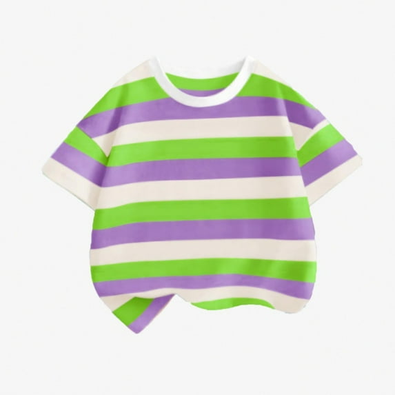 DAETIROS Boys Purple Striped T-Shirt Soft Breathable Short Sleeve Crewneck Tee Durable Casual Top with Asymmetrical Hem for Kids Ages 1-14 Years,Size 1-2 T