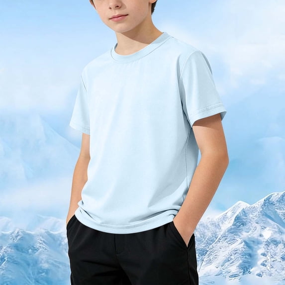 DAETIROS Boys Quick Dry Performance T-Shirts Moisture Wicking Athletic Tees Short Sleeve Crewneck Solid Light Blue Breathable Active Casual Summer Wear,Size 9-10 T