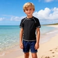 thumbnail image 1 of DAETIROS Boys Rash Guard Swim Shirt UPF 50+ Sun Protection Quick Dry Short Sleeve Premium Stretch Fabric Black with White Contrast Stitching Kids Boys Size 2XL-6XL,Size 9 T, 1 of 7