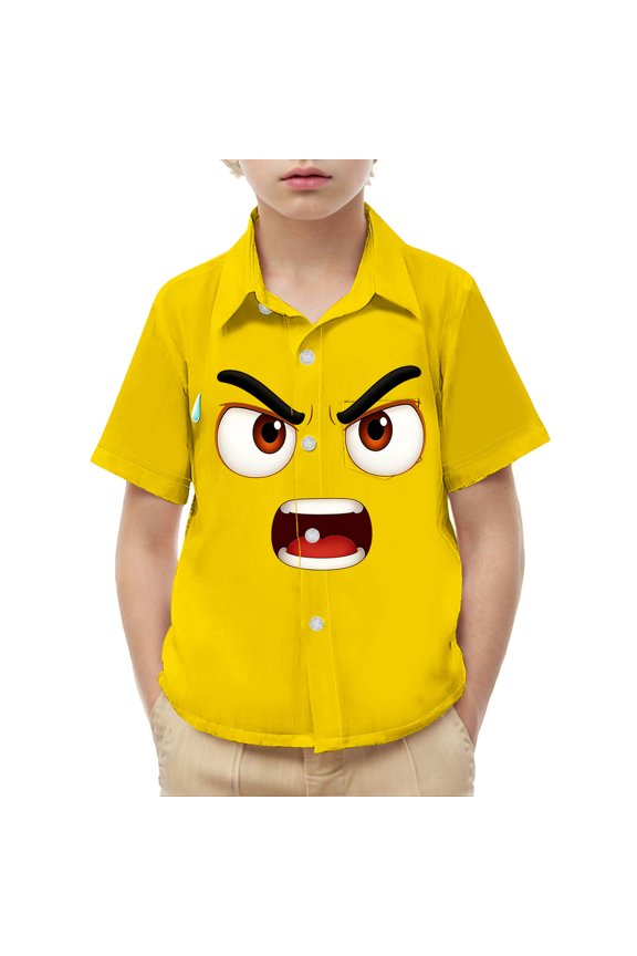 Boys Short Sleeve Button Down Shirts Yellow Funny Angry Face Emoji Print Soft Stretchy Casual Summer Tops,Size 14 T