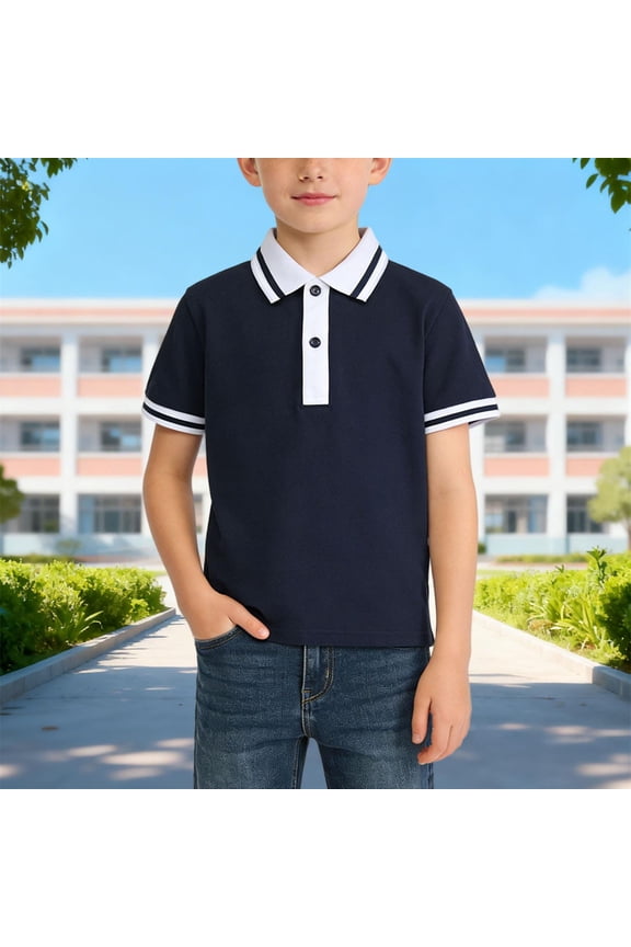 Boys Short Sleeve Shirts Soft Cotton Blend Breathable Tee Comfortable Everyday Wear Casual Crewneck Solid Navy Tops for Little Kids 2T-7,Size 3-4 T