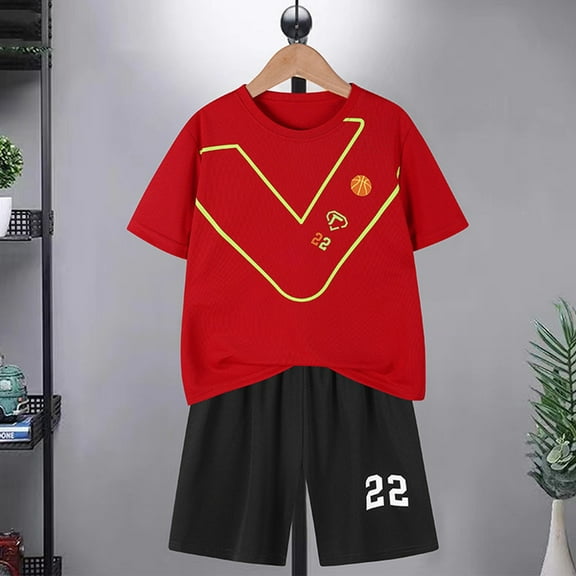 DAETIROS Boys Sports Outfit Sets-Casual Soft Relaxed Short Sleeve T-Shirt and Shorts Boys Summer Clothes Red Size 7-8 Years