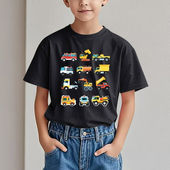 DAETIROS Boys T Shirt, Cute Cars Crew Neck Casual Short Sleeve Comfy Soft Boys Summer Tee Black Size 3-14
