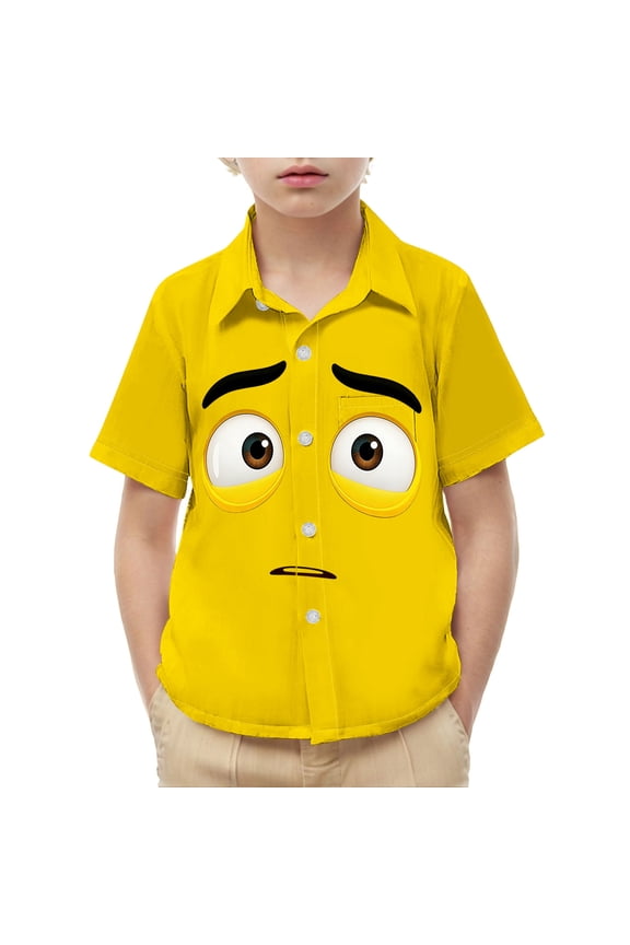 Boys Yellow Emoji Print Short Sleeve Button Up Shirt - Soft Stretchy Casual Button Down Tops for Kids Summer Daily Wear,Size 14 T