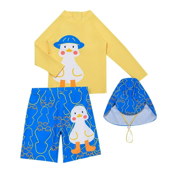 DAETIROS Boys and Big Boys Swim Set 3PC-Long Sleeve Printed Shirt and Cute Pant Fashion Summer Beach Swimwear with Cap Size 8 Years