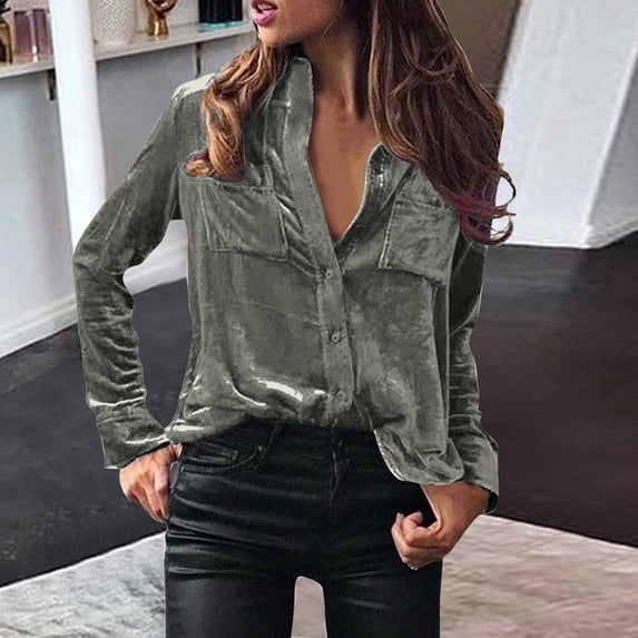 Fnooota Button Down Shirts for Women, Casual Long Sleeve Solid Color Fall Tops Gray Size XL