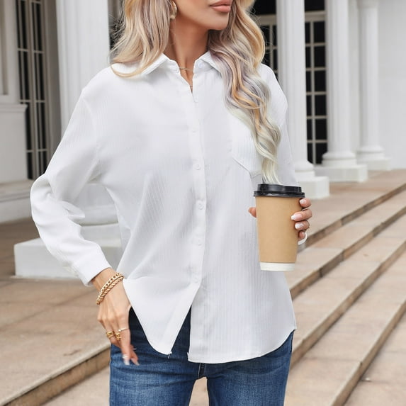Fnooota Button Down Shirts for Women, Casual Solid Color Long Sleeve Spring Fall Tops White Size XL