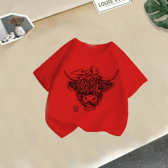 DAETIROS Cattle Cowgirl Shirt for Little Girls, Casual Soft Cotton Cute Short Sleeve Crewneck Comfy Girls Summer Tees Red Size 10-11 T