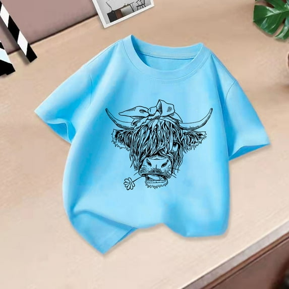 DAETIROS Cattle Cowgirl Shirt for Little Girls, Short Sleeve Cute Casual Crewneck Comfy Soft Cotton Girls Summer Tees Blue Size 2-3 T