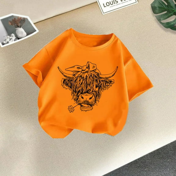 DAETIROS Cattle Cowgirl Shirt for Little Girls, Short Sleeve Cute Crewneck Soft Cotton Casual Comfy Girls Summer Tees Orange Size 6-7T