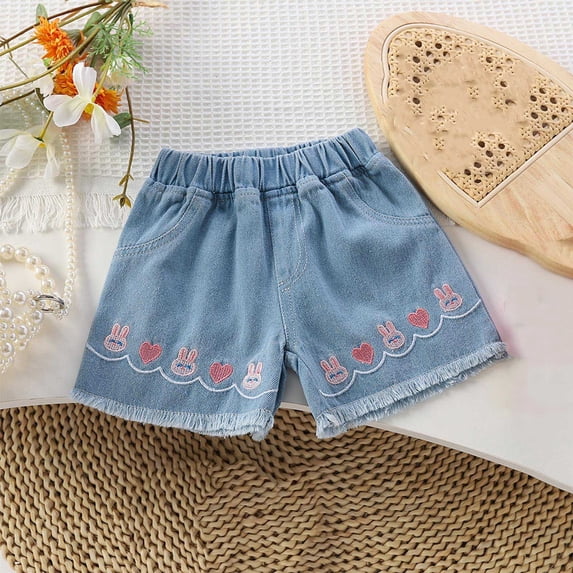 DAETIROS Denim Shorts for Girls, Graphic Summer Fashion Jeans Cute Casual Girls Lounge Shorts Blue Size 5 Years