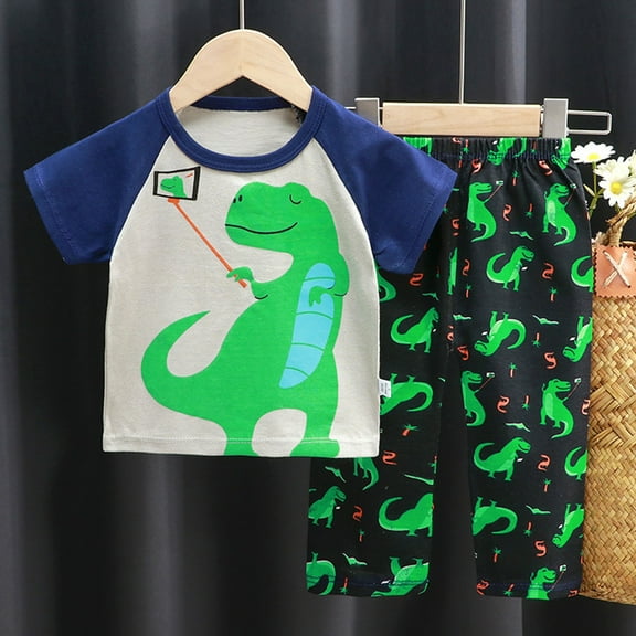 DAETIROS Dinosaur Pajamas Sets for Baby Boys-Soft Cotton Graphic Short Sleeve Top and Pants Baby Boys Summer Sleepwear Clothes Green Size 1 T