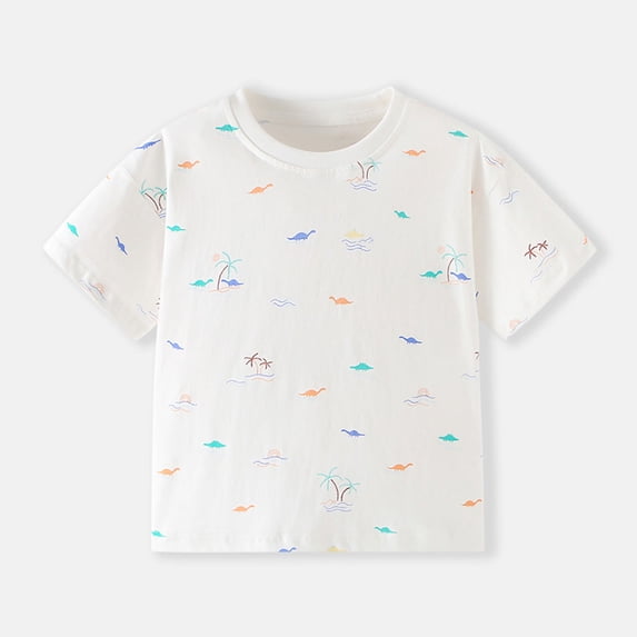 DAETIROS Dinosaur & Palm Tree Print Boys Short Sleeve T-Shirt Soft Summer Tee for Kids & Kid White Sizes 2-8 Years,Size 6 T