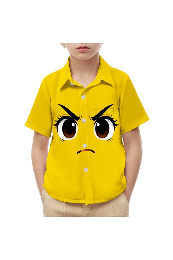 Funny Boys Angry Face Graphic Print Short Sleeve Casual Button Down Shirt Soft Stretchy Breathable Summer Tee Yellow,Size 12 T