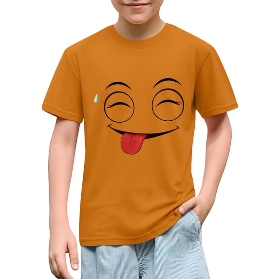 DAETIROS Funny Boys Emoji Face T-Shirt 100% Cotton Soft Kids Graphic Tee Short Sleeve Crewneck Top Orange Size 4-10 Years,Size 4 T