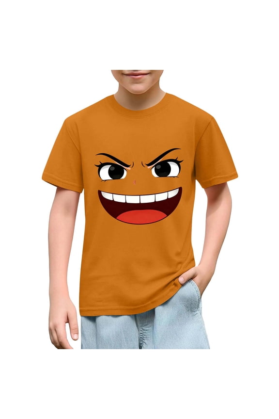 Funny Face Boys Graphic Tee 100% Cotton Short Sleeve Crew Neck T-Shirt for Little Kids Everyday Wear Orange Kids Boy Top,Size 5 T