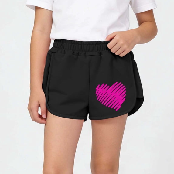 DAETIROS Girls 100% Cotton Heart Doodle Athletic Shorts Black Elastic Waist Side Split Sizes 2T-12,Size 2-3 T