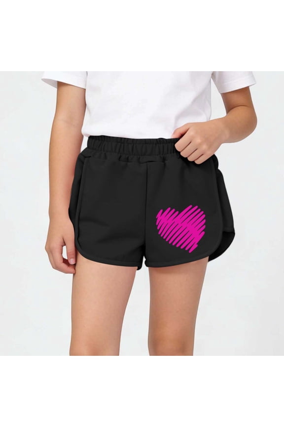 Girls 100% Cotton Heart Doodle Athletic Shorts Black Elastic Waist Side Split Sizes 2T-12,Size 3-4 T