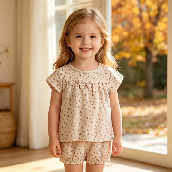 DAETIROS Girls 2-Piece Cotton Outfit Set Floral Short Sleeve Top & Shorts with Ruffle and Bow Coffee,Size 3-4 T