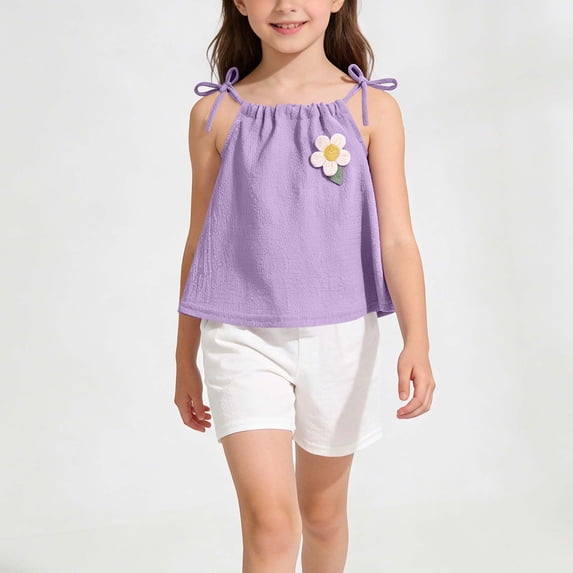 DAETIROS Girls 2 Piece Summer Set, Play Clothes with Purple Cami Top & High Waist Shorts, 3D Flower & Adjustable Straps for Kids Kids,Size 7-8 T